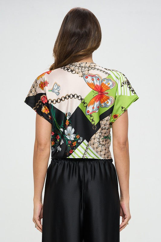 Thumbnail: Print Satin Short Sleeve Top with Front Twist
