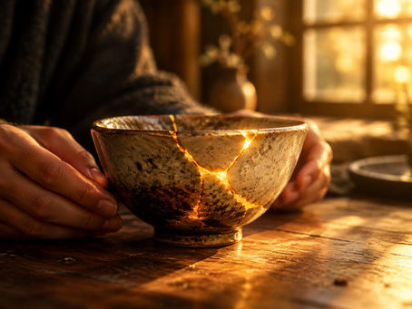 Hands gently holding a cracked ceramic bowl repaired with glowing golden seams in the Japanese kintsugi style, symbolizing conscious healing, integration, and making peace with our experiences.