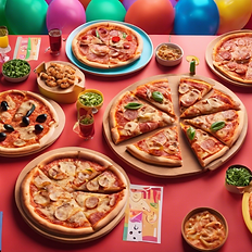 multiple pizzas of different sizes on a red table for catering