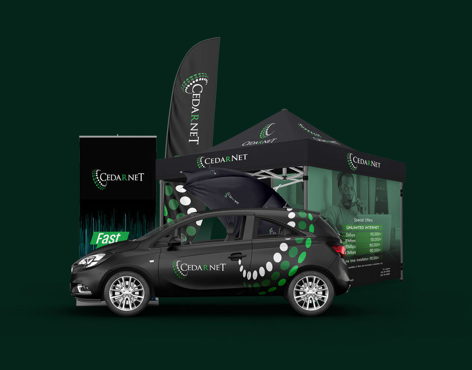 Cedarnet brand Identity design and brand collateral mockups.