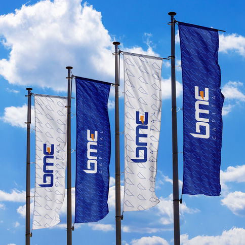 BME Capital brand identity flags mockup