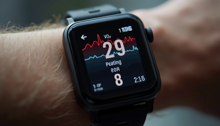 Eye-level view of a heart rate monitor displaying various fitness metrics