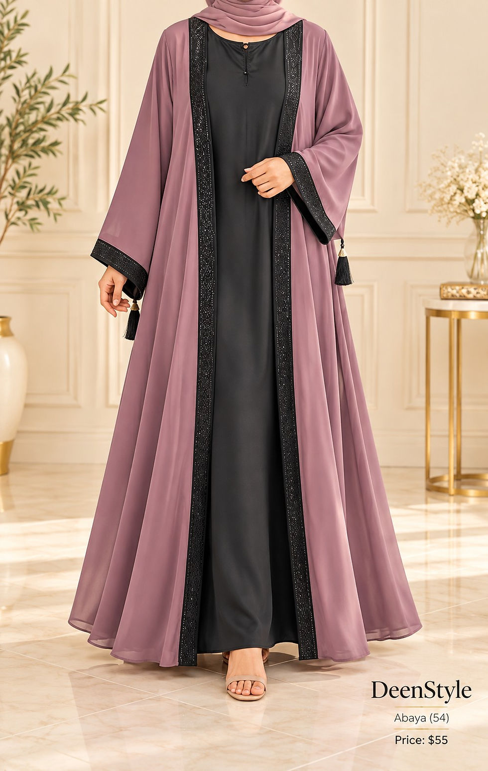 Mauve and Black Sparkle-Trim Open Abaya (54)