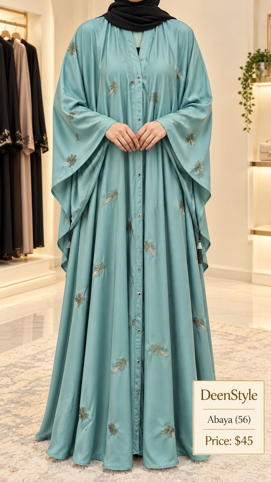 Teal Umbrella-Cut Embroidered Abaya (56)