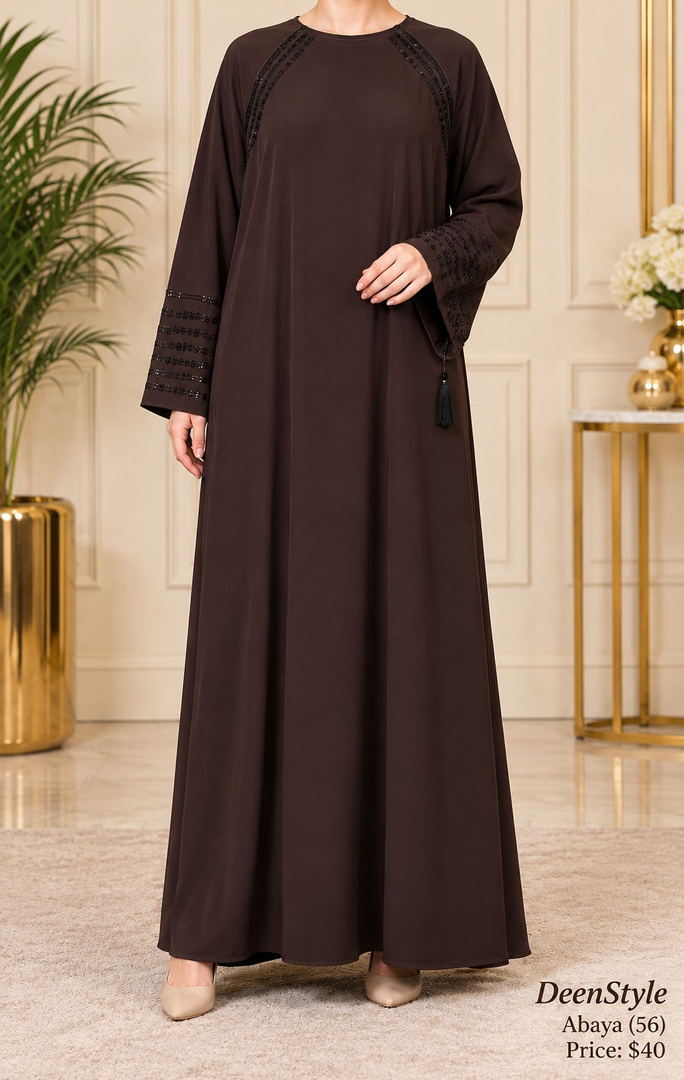 Dark Brown Pleated-Sleeve Abaya (56)