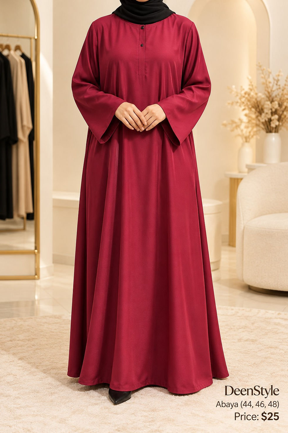Crimson Button-Neck Abaya (44-48)