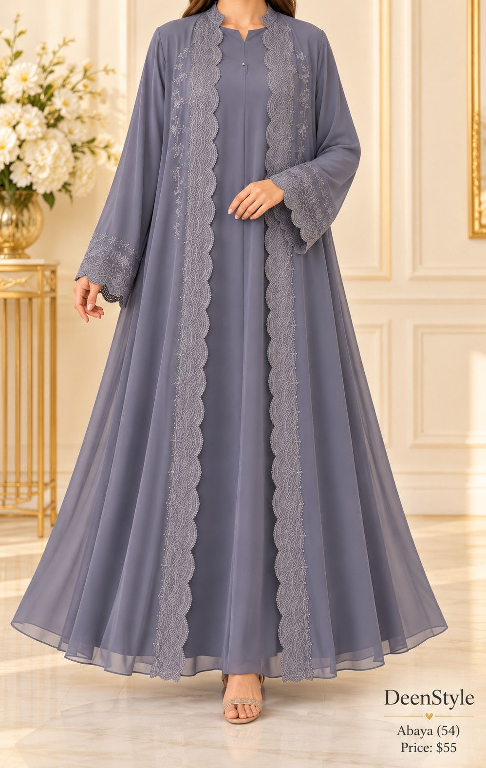 Blue-Grey Lace-Panel Three-Piece Abaya (54)