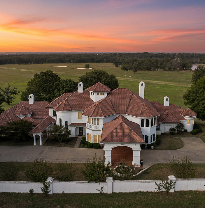 Luxury countryside estate with mediterranean architecture, gated entry, and panoramic sunset, Arkansas River Valley region 