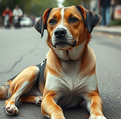 Create an image of a lost dog on the streets.jpg