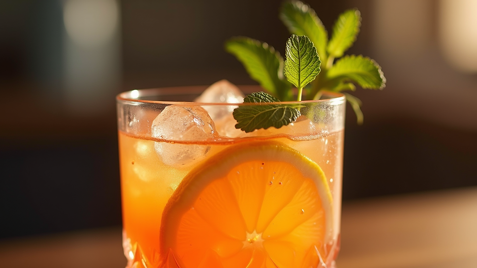 Close-up view of a vibrant cocktail garnished with fresh herbs