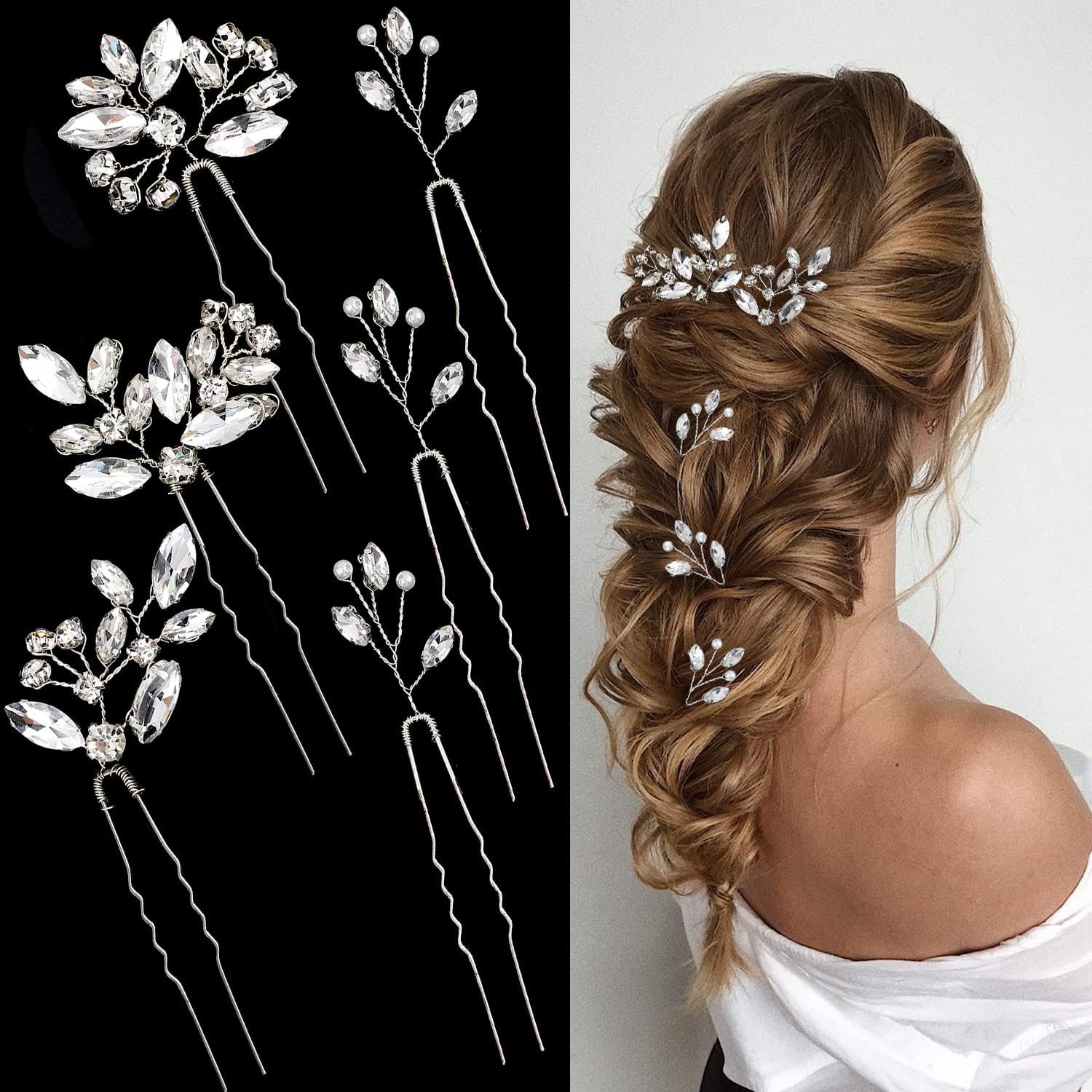 6 pieces of bride hair pins with rhinestones in a crystal wedding hairstyle