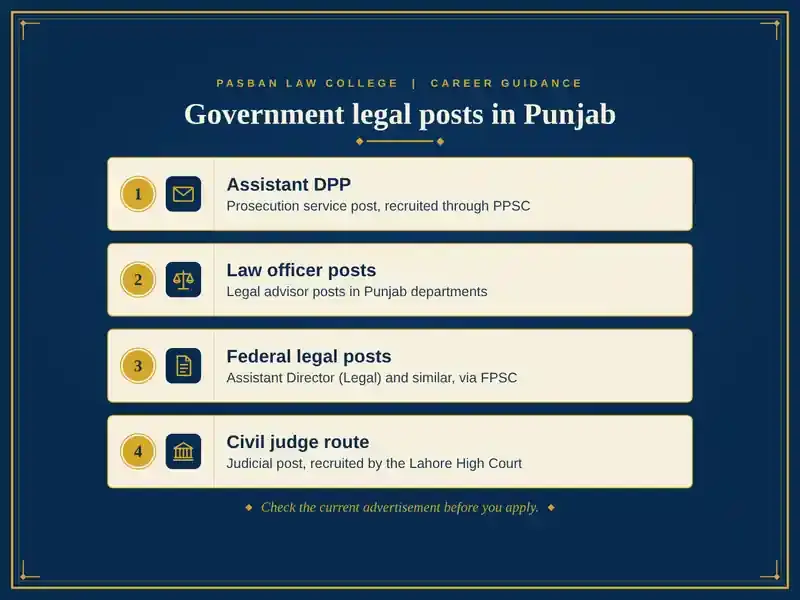 Infographic listing four government legal posts for young lawyers in Punjab: Assistant DPP, departmental law officers, federal legal posts and civil judge.