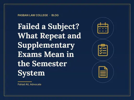 Navy-and-gold title card reading 'Failed a Subject? What Repeat and Supplementary Exams Mean in the Semester System', with simple icons of a calendar, a checklist and a document.