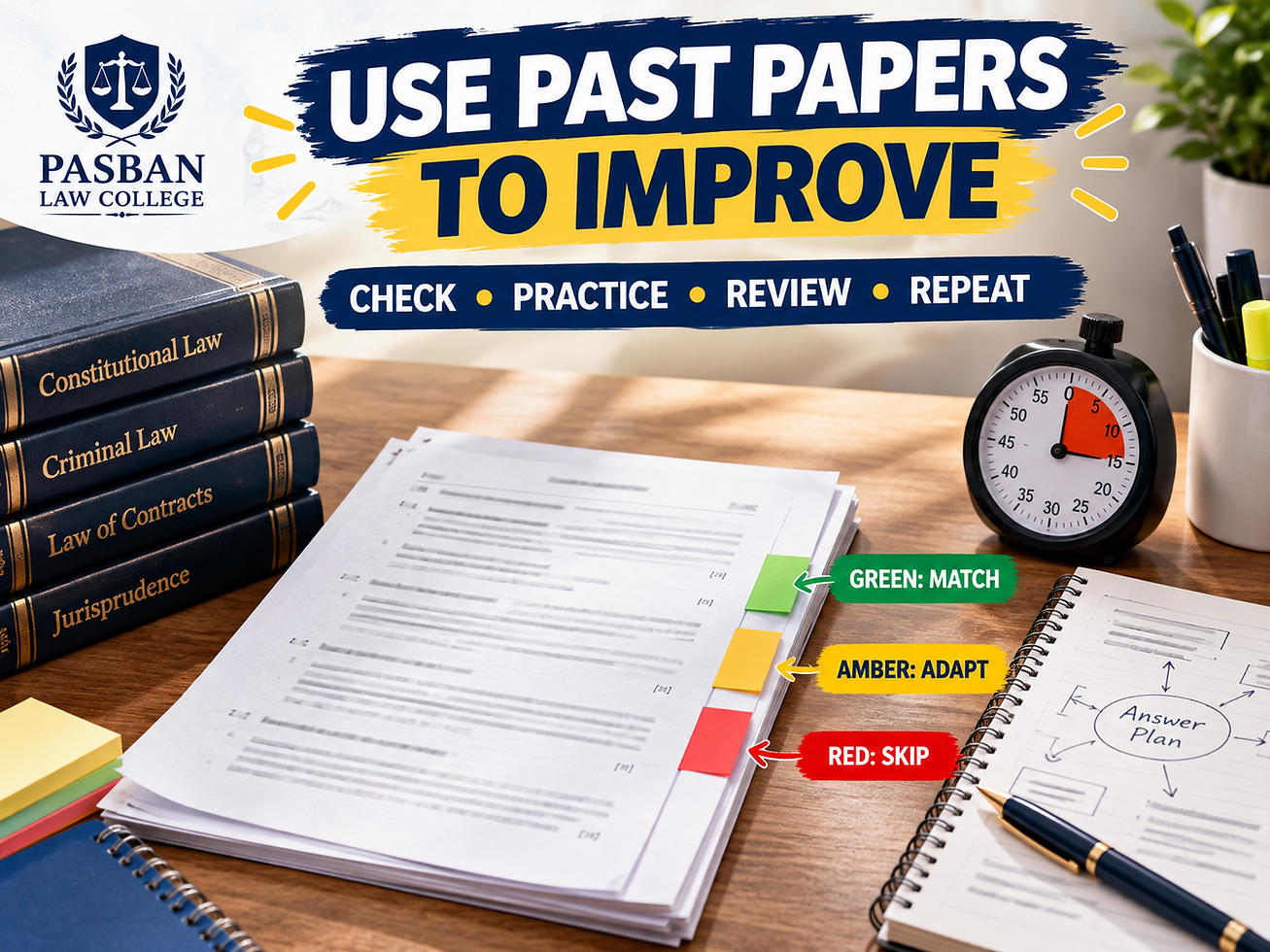 Past papers, an answer plan, a timer, and green, amber, and red relevance tabs illustrate the method check, practice, review, and repeat.