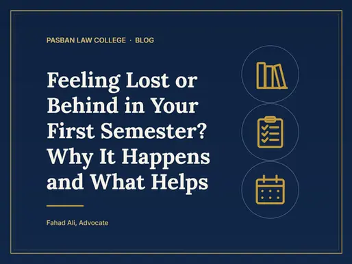 Navy-and-gold title card reading Feeling Lost or Behind in Your First Semester? Why It Happens and What Helps, with simple icons of books, a checklist and a calendar.