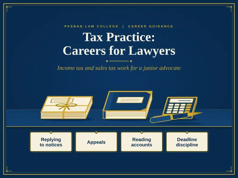 A ledger, a calculator, a tied case file and a fountain pen on a desk, introducing a guide to tax practice careers for lawyers in Pakistan.