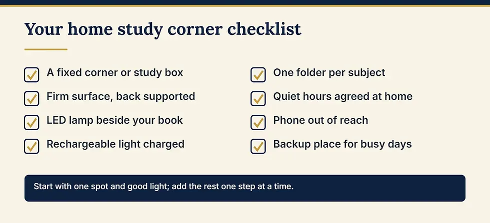 Checklist graphic titled Your home study corner checklist. Items: A fixed corner or study box; Firm surface, back supported; LED lamp beside your book; Rechargeable light charged; One folder per subject; Quiet hours agreed at home; Phone out of reach; Backup place for busy days. Footer: Start with one spot and good light; add the rest one step at a time.