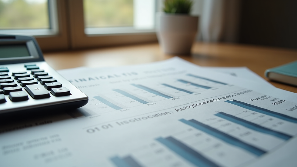 Close-up view of a UK financial newspaper and calculator on a wooden desk