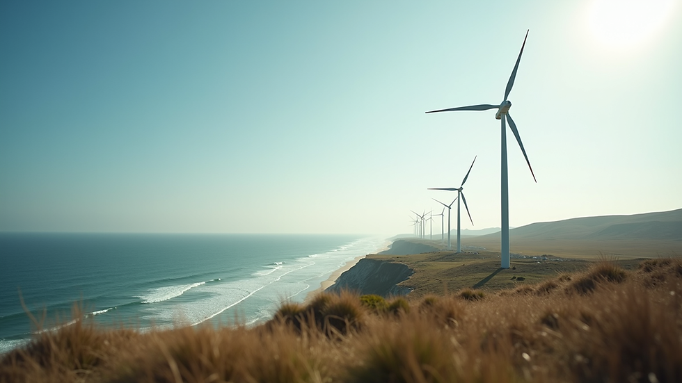 Eye-level view of wind turbines on a coastal landscape