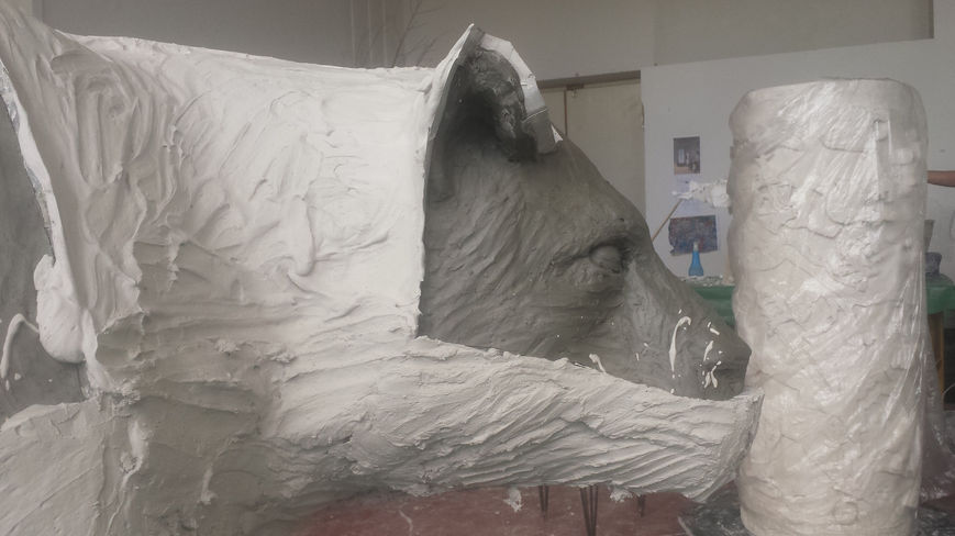 Half of the lioness's head and neck are covered by plaster.