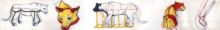 Mostly linear drawings of the sculpture "Lioness" in preparation for casting. 