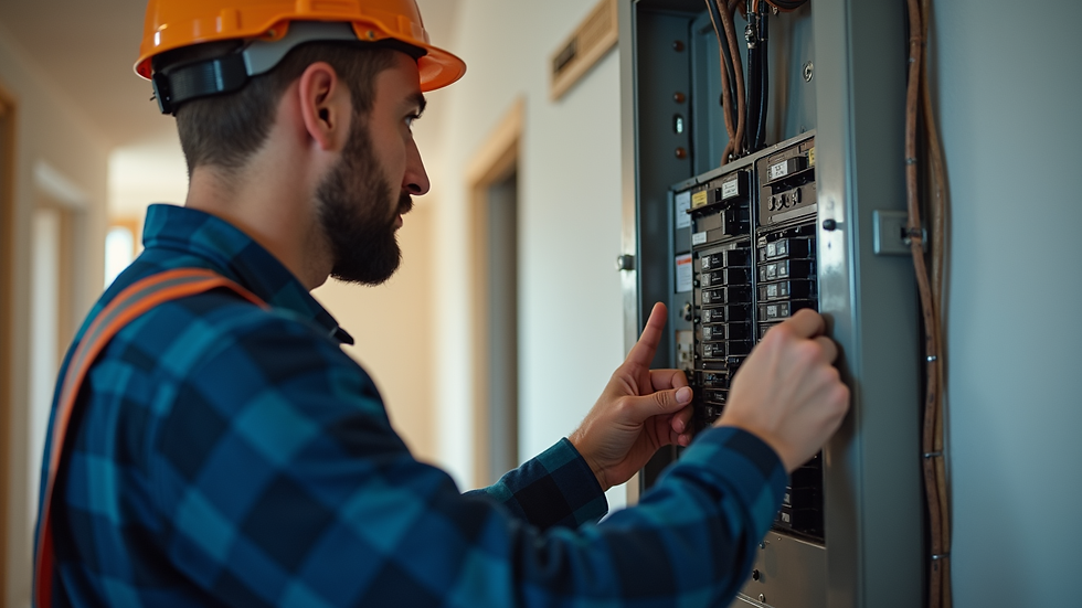 Close-up view of an electrician testing a residential circuit breaker panel
