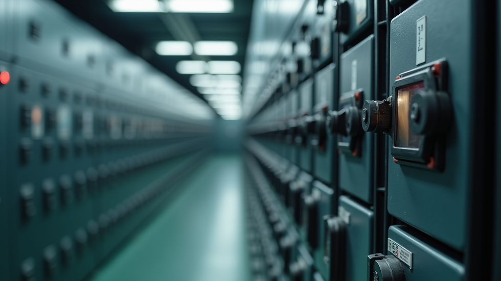 Eye-level view of commercial electrical panel with circuit breakers