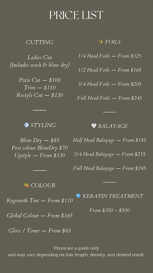 Hair salon price list including blonde colour, balayage, haircuts and hair extensions in St Kilda Melbourne
