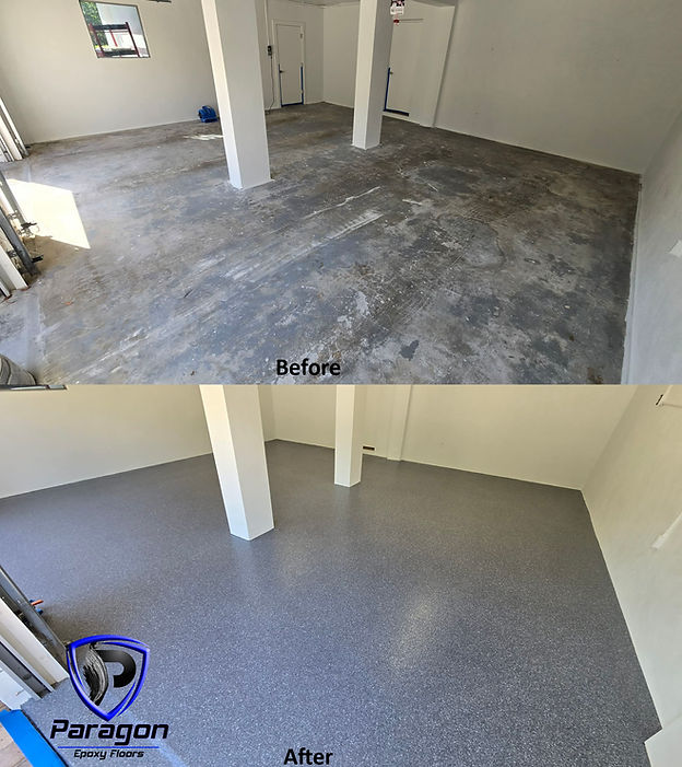 Before and after installing an amazing epoxy full flake coating in Longboat Key, Fl by Paragon Epoxy Floors.