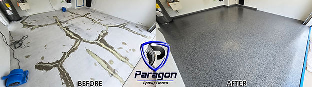 Before and after installing an amazing epoxy full flake coating in North Port, Fl by Paragon Epoxy Floors.