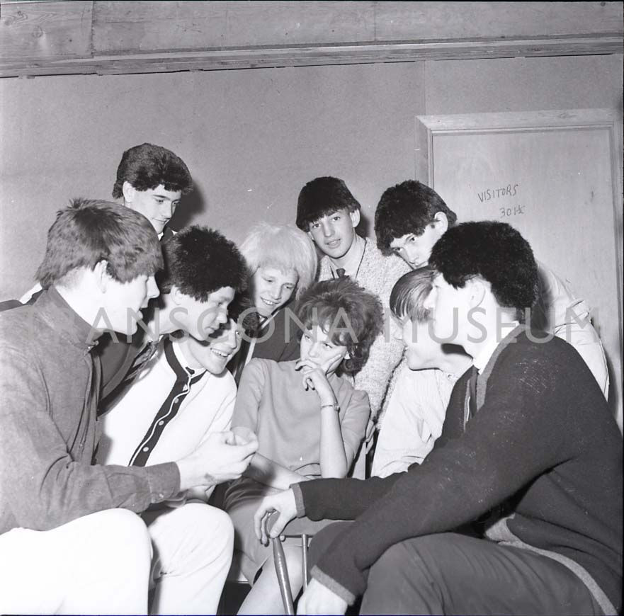 “Beatlemania” held at the Oxford Heights Community Club, with teens in Beatle wigs. On page 1 of the Transcona News, February 27, 1964. Courtesy of the TM Archives, TH99.38.44.13
