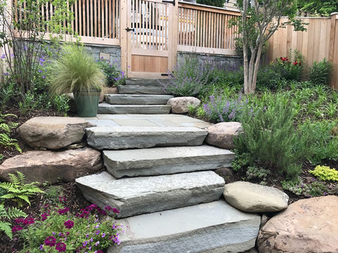 Thick natural stone steppers set into a sloped Woodley Park backyard with layered planting and boulders.