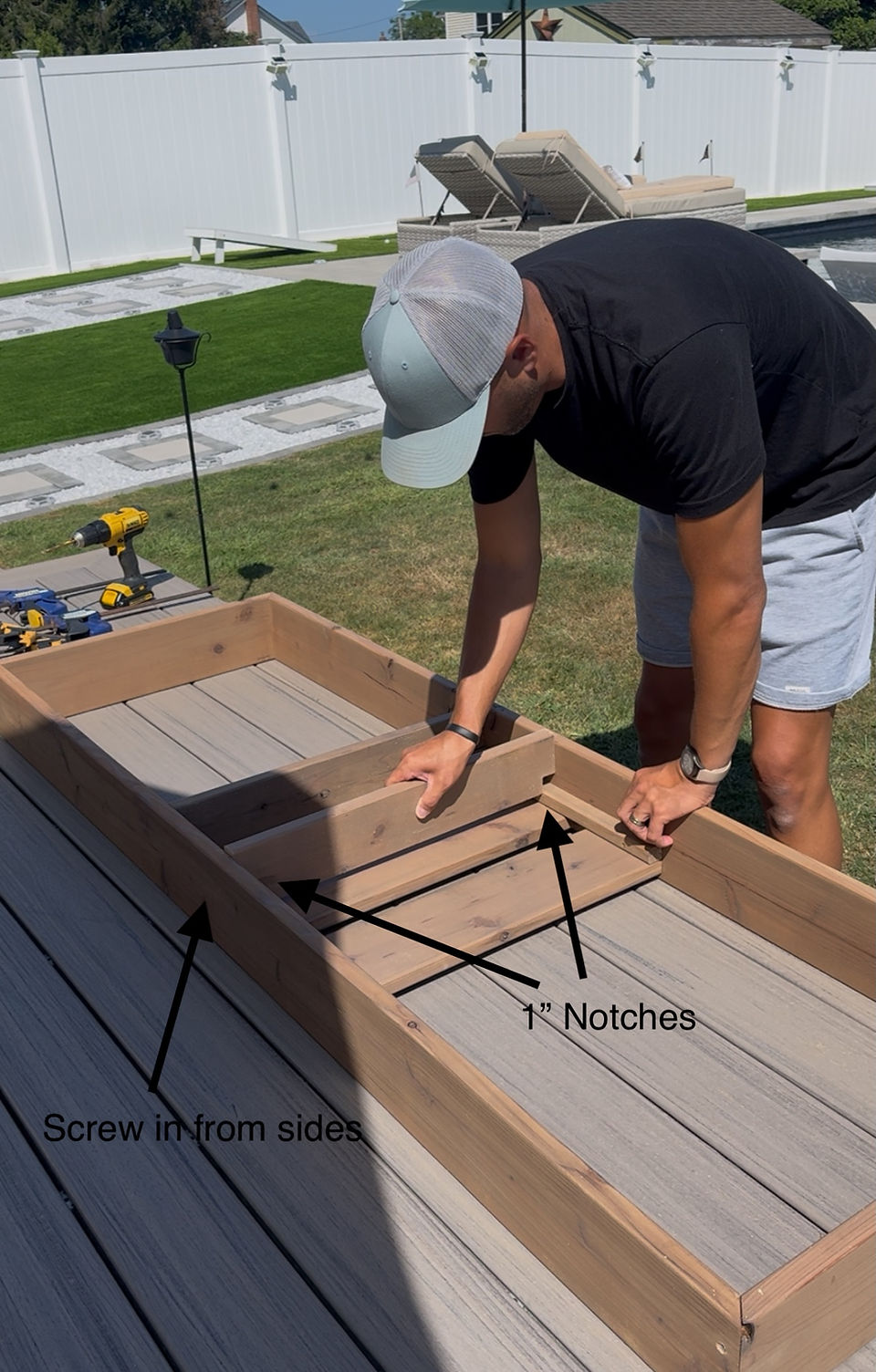 Adding support beams to lounger bench.