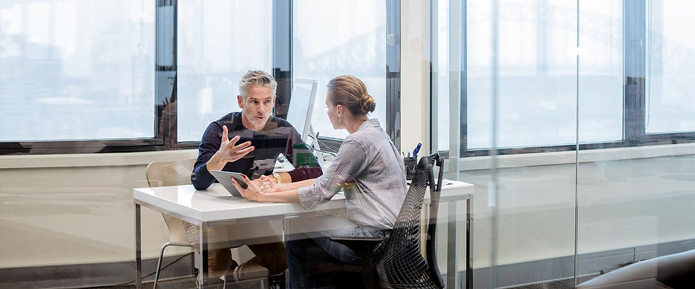 Two professionals discussing a project in a modern office.