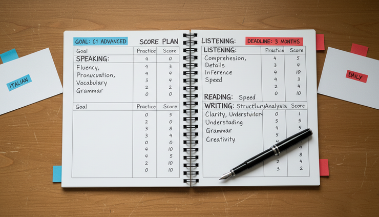 Overhead view of a notebook showing a four-part language score plan.