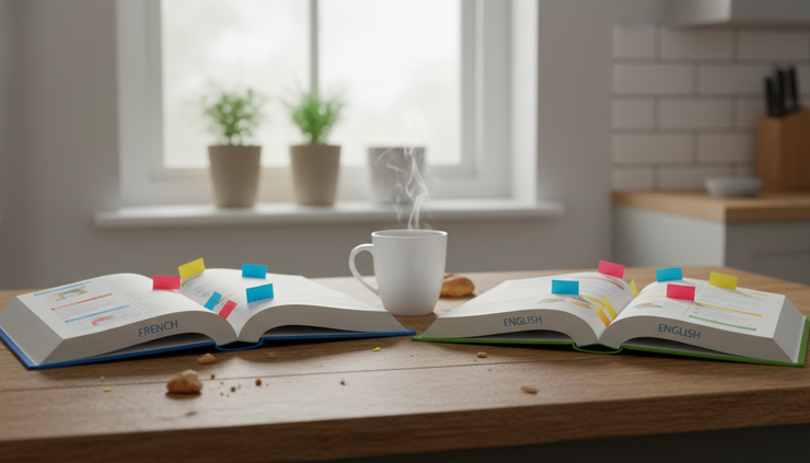 Eye-level view of two open language books with coloured tabs on a kitchen table.
