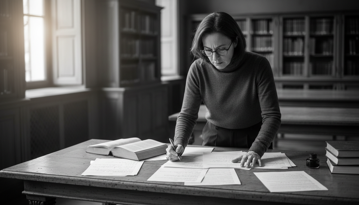 Eye-level view of an adult learner reviewing French notes in a quiet library.