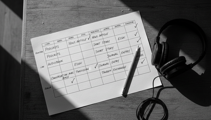 Overhead view of a weekly French study plan with marked listening and writing tasks.