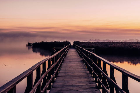 Holzsteg über Wasser bei Sonnenaufgang mit Schilf und farbigem Himmel.