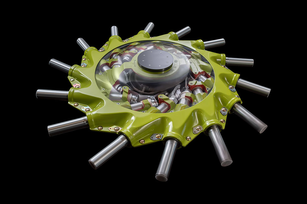 Grün-metallischer Rotor mit silbernen Stäben auf schwarzem Hintergrund, futuristische Industrieoptik.