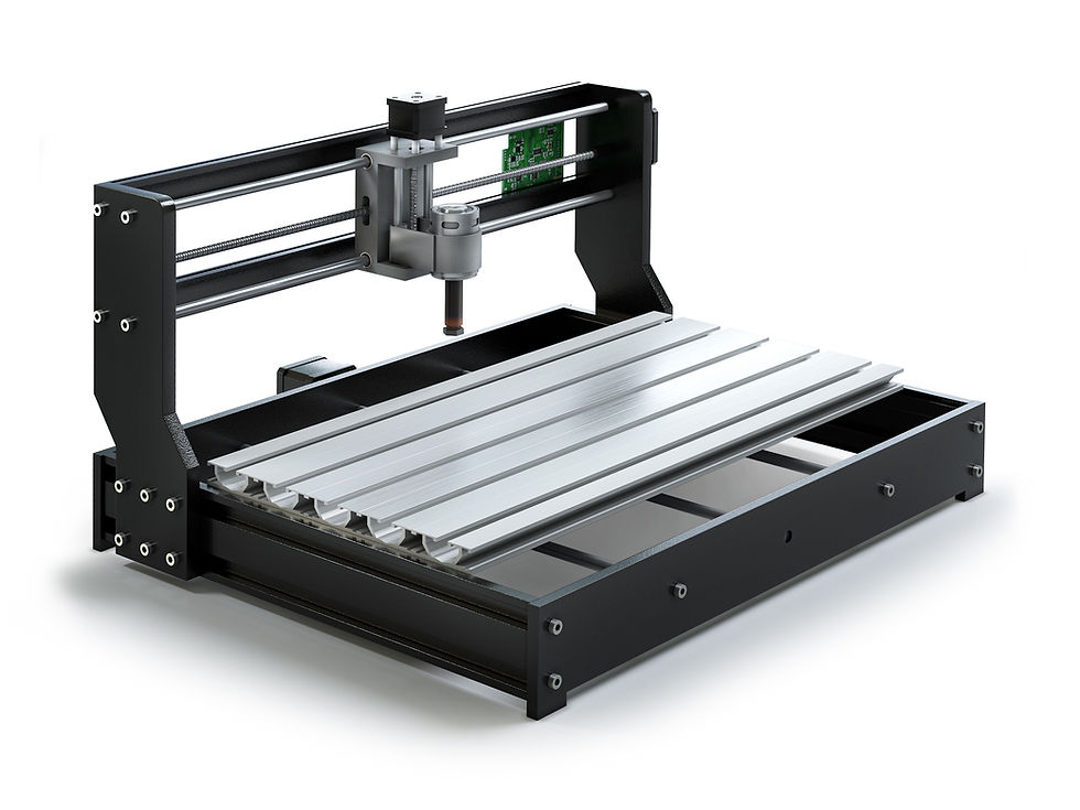 Schwarz-graue CNC-Fräse aus Metall auf weißem Hintergrund. Detailreich, mit mehreren Schrauben und Schlittenmechanismus sichtbar.