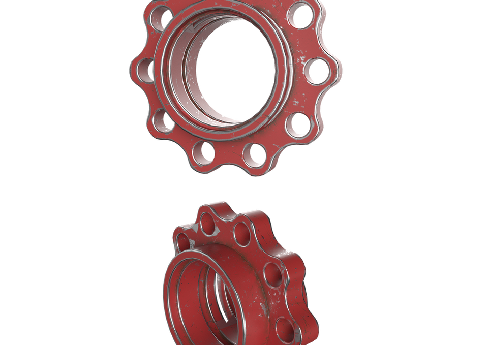 Zwei rote, gezackte Maschinenteile, detaillierte industrielle Komponenten mit Löchern.