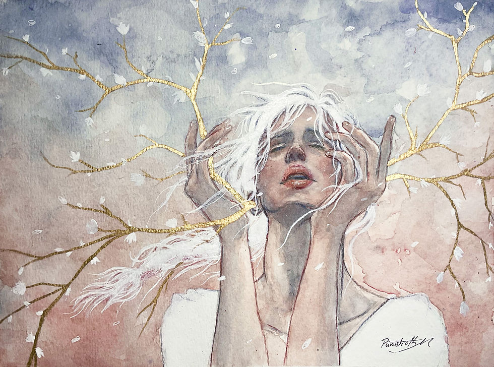 Water colour of figure holding a golden branch
