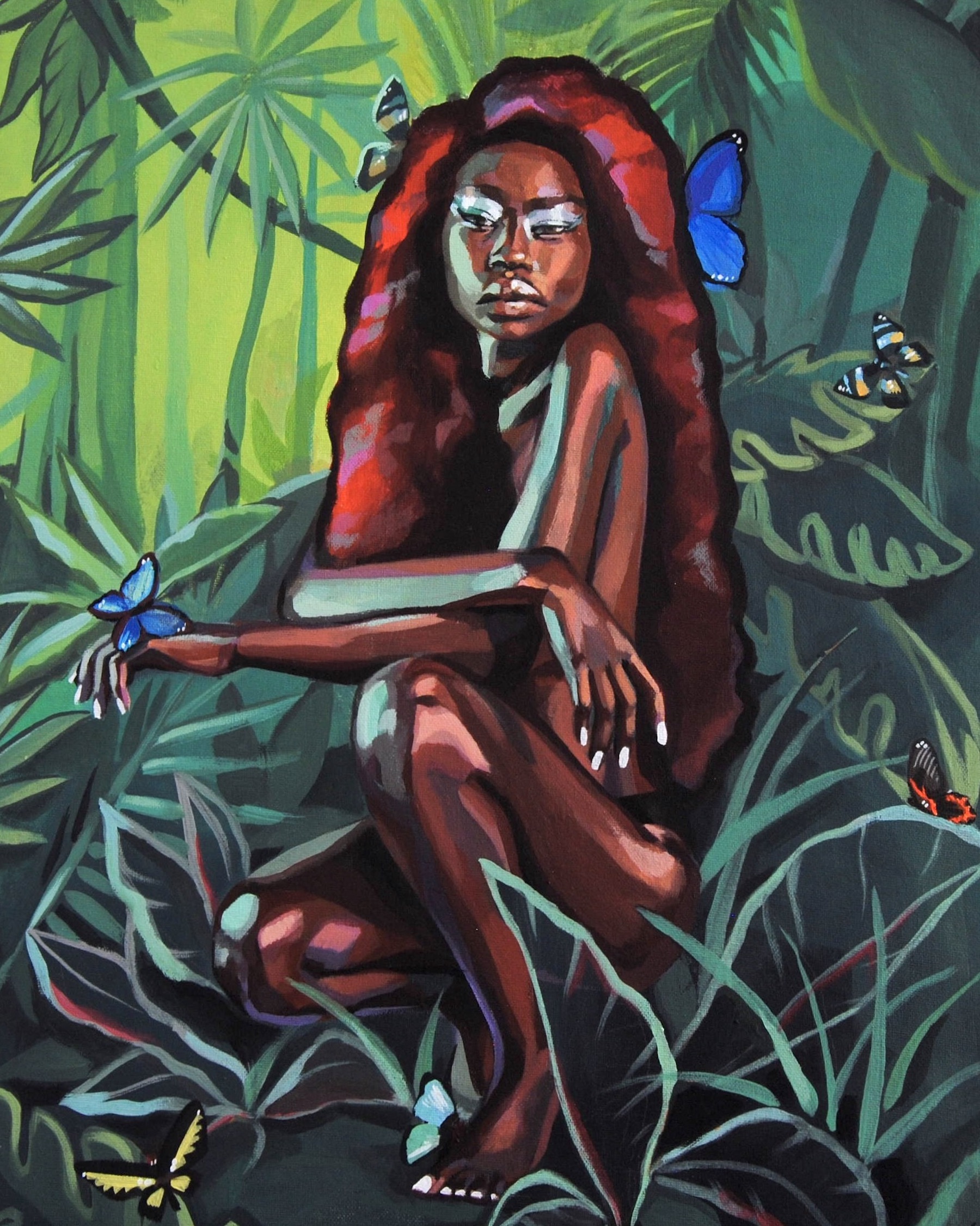 Acrylic painting of South Sudanese woman in a rainforest covered in butterflies