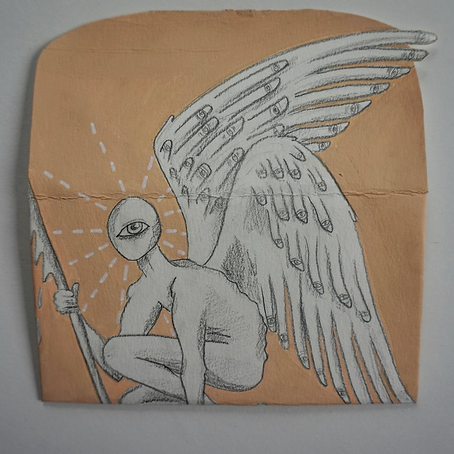 Repurposed envelope of mixed media, acrylic and pencil drawing