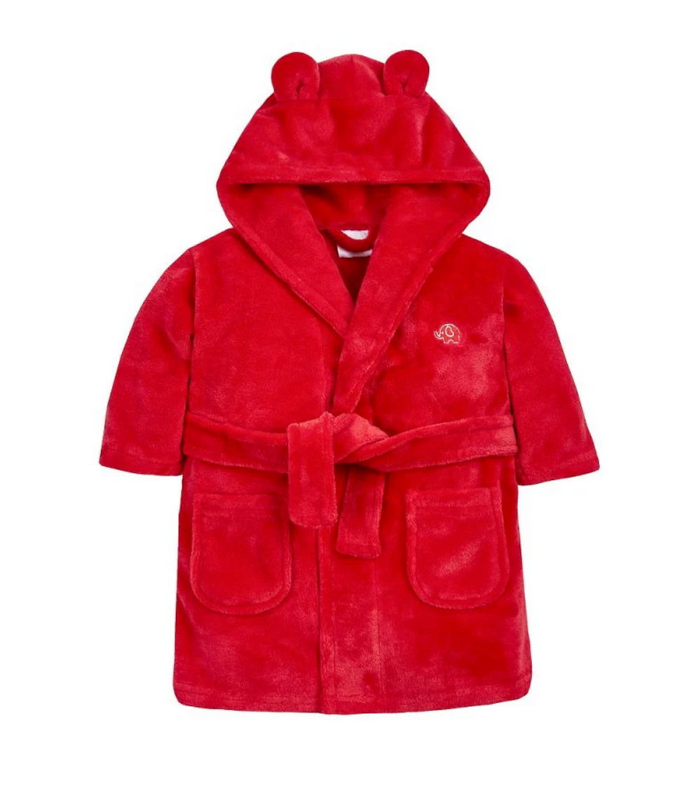 Thumbnail: Red Baby/Toddler Dressing gown with bear ears on hood. Elephant embroidered on the front