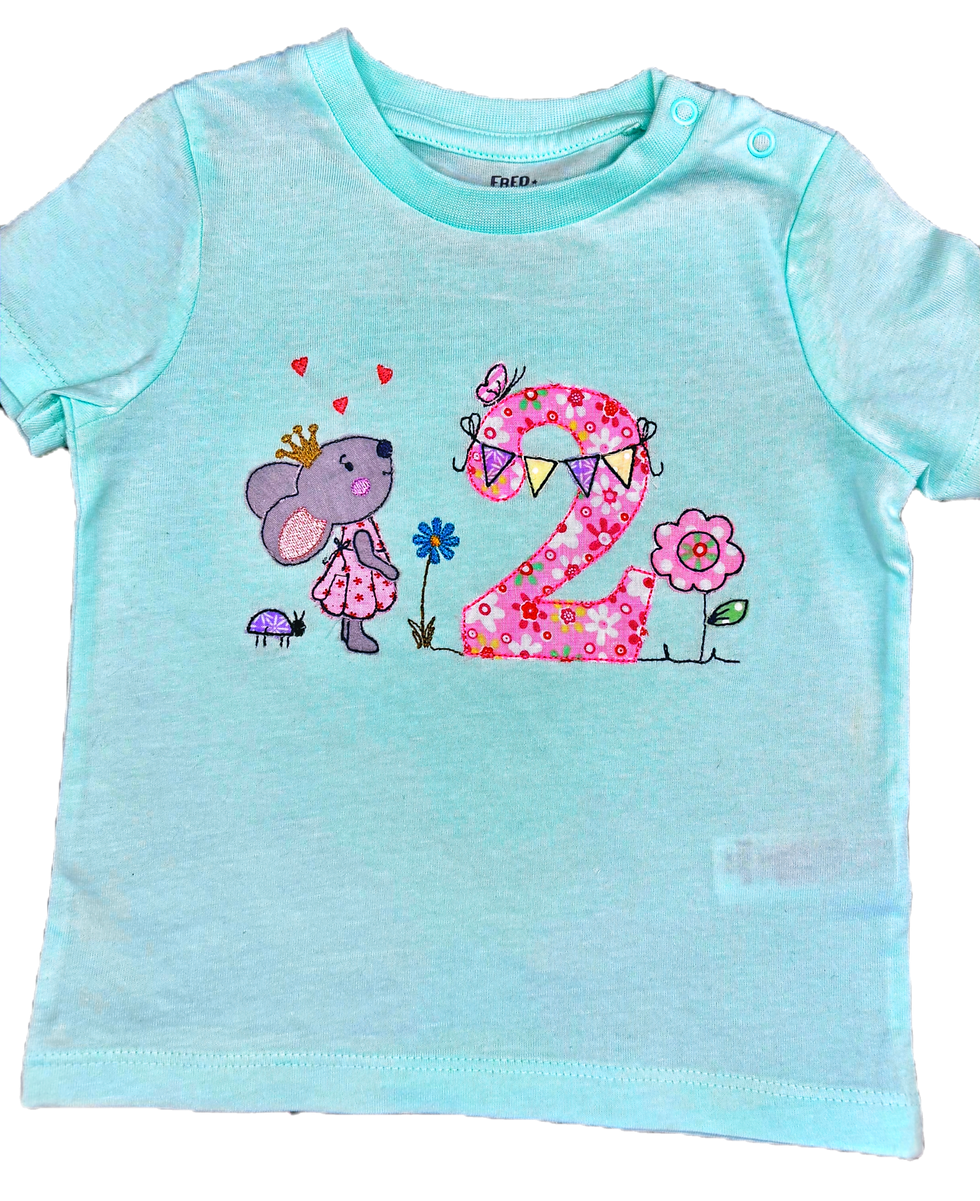 High angle view of a delightful mouse applique birthday t-shirt