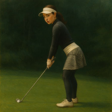 Female golf player about to hit the ball. English beginner online lesson on sport