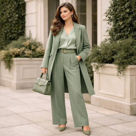 A stylish woman wearing a green monochrome outfit with matching coat, blouse, trousers, belt, shoes, and handbag, modern women’s fashion look for ESL clothing and shopping lessons.