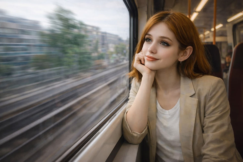 Emma looking out. a train window with motion blur